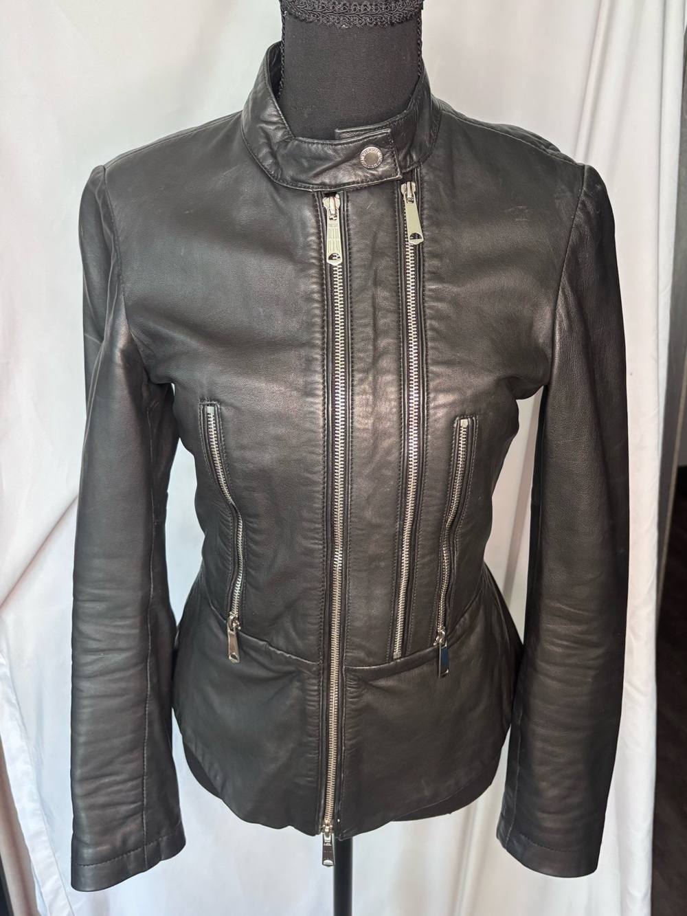 Diesel Black Leather Fitted Zip-Front Jacket